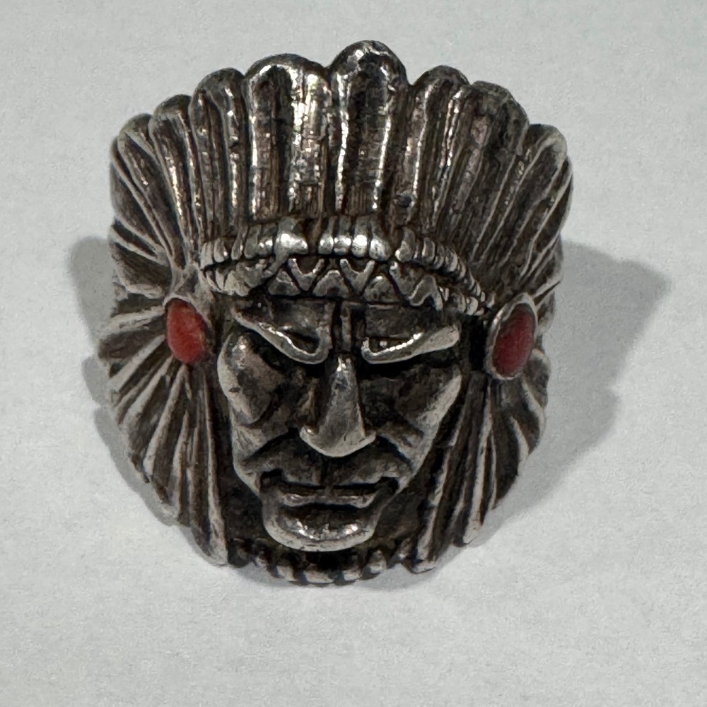 Vintage Native American Chief Ring Sterling Silver Signed B Adjustable Red Stone